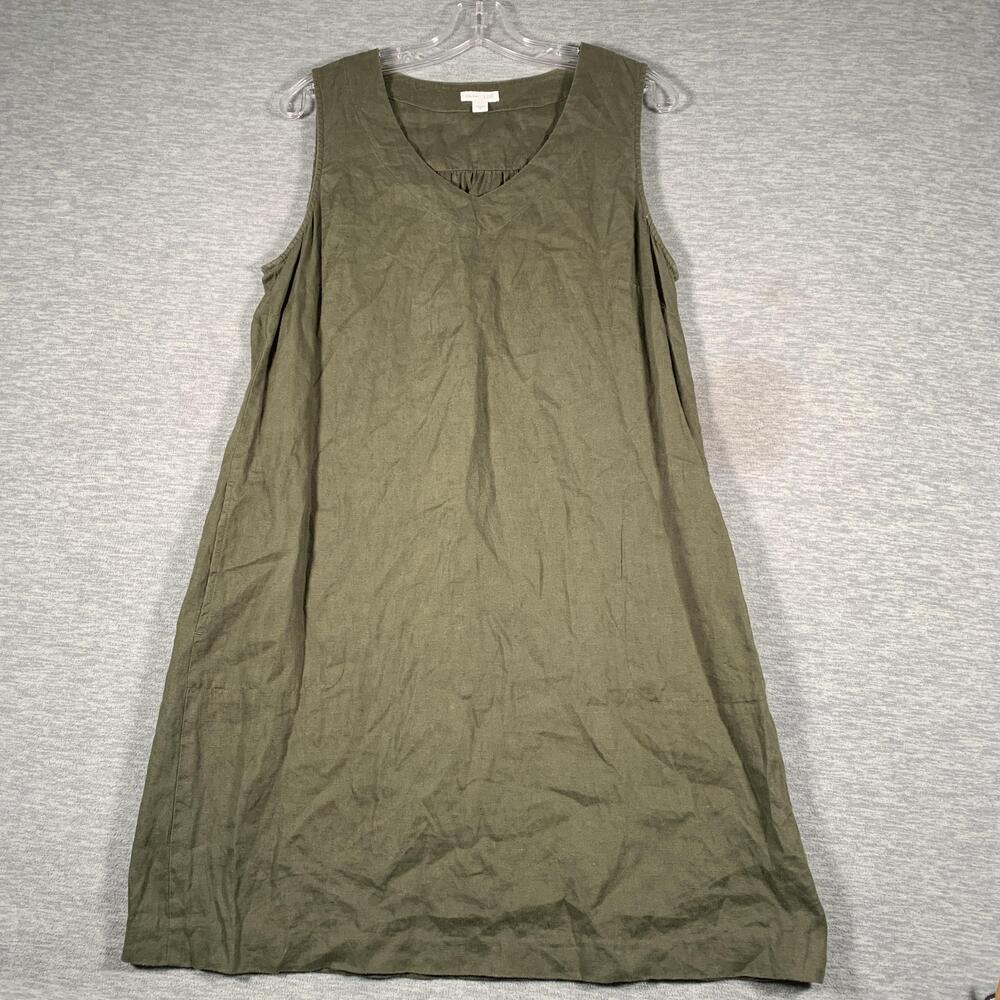 J Jill Dress Womens Medium Green Linen Sleeveless V Neck Shift Knee Length